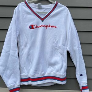 Champion White Sweatshirt with Red and Blue Border Detailing
